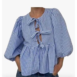 NEW~ Blue Gingham Tie Front Top Babydoll Long Sleeve Peplum Babydoll Shirt L